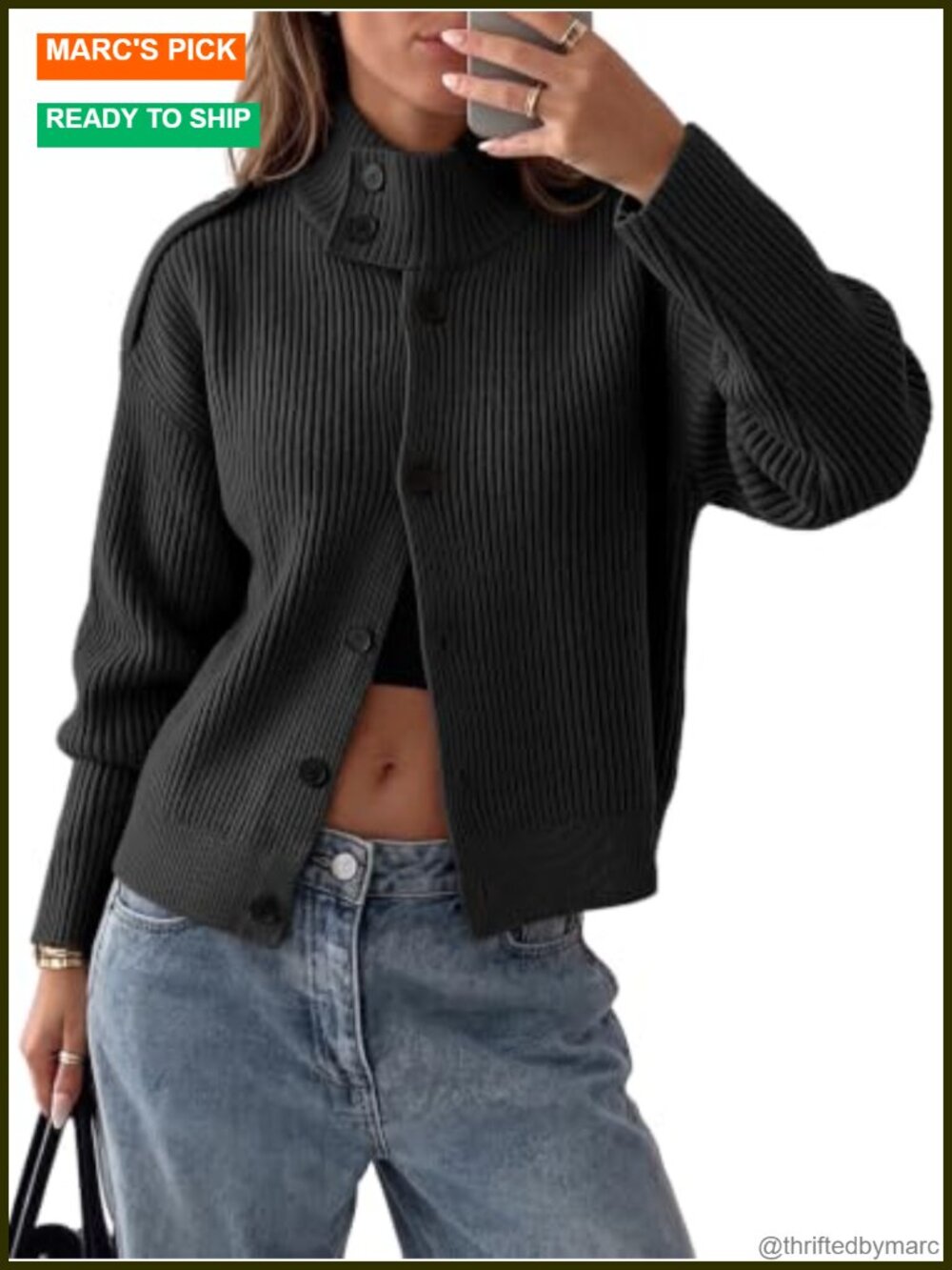 Chunky Knit Cardigan Sweater Long Sleeve Mock Neck Button Down Women's Fall
